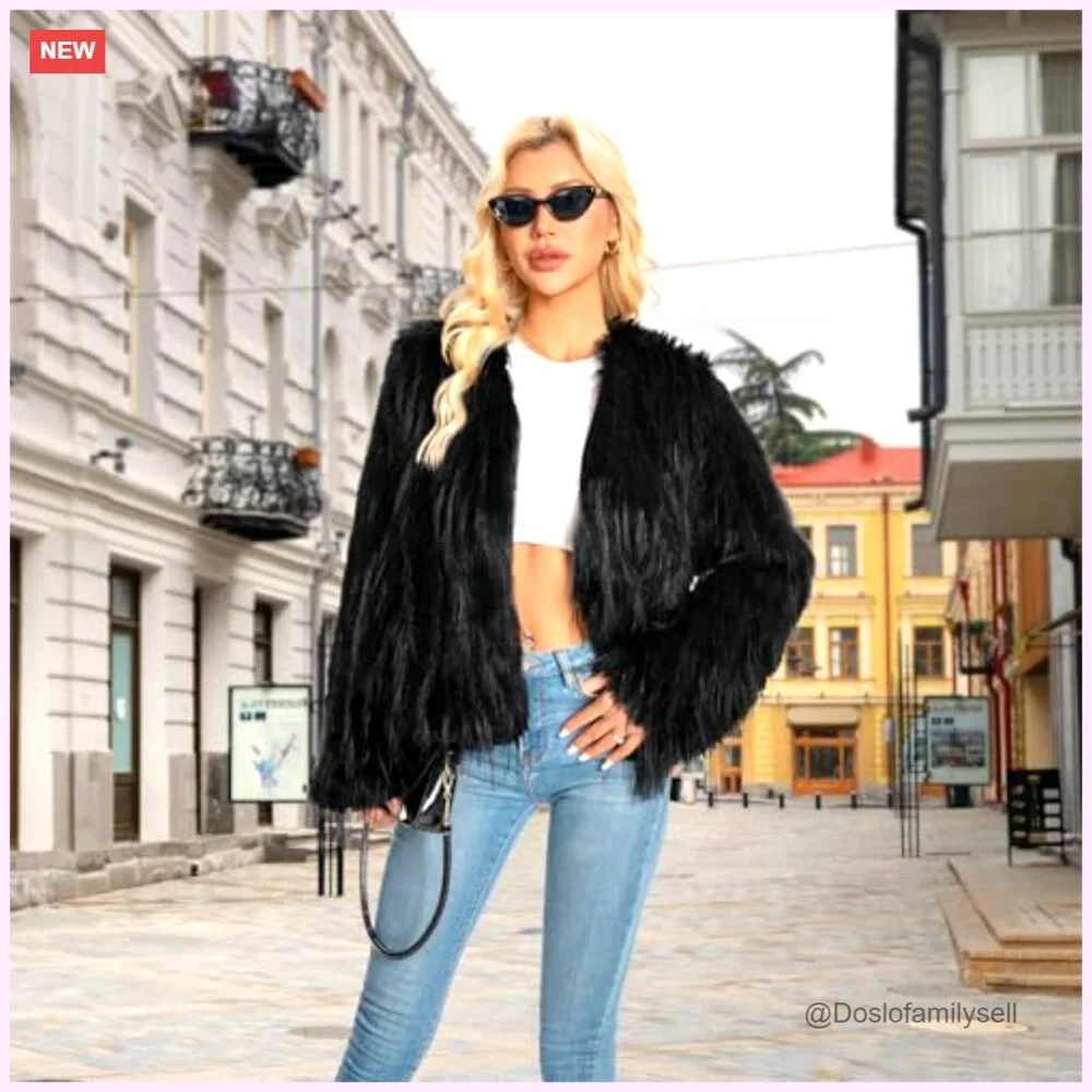 Plus Size Faux Fur Jacket Winter Coat Long Sleeve with Pockets - Picture 3 of 6